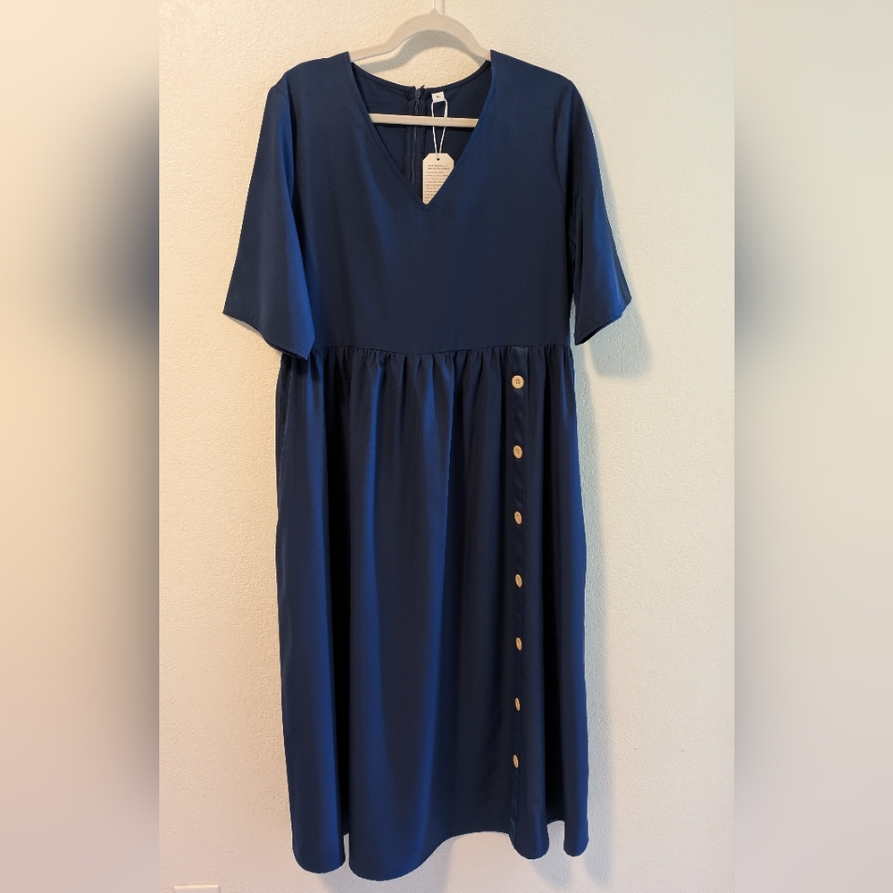 Chic Navy Midi Dress with Button Accents